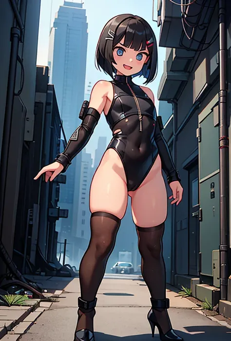 Ten_years_old girl, high cut leotard, freckled skin, body freckles, fighting, angry, gun, fullbody, standing, high heels, Bob cut hair, smile showing teeth, open mouth, tongue out, hair clip, Cyberpunk, tight stockings,