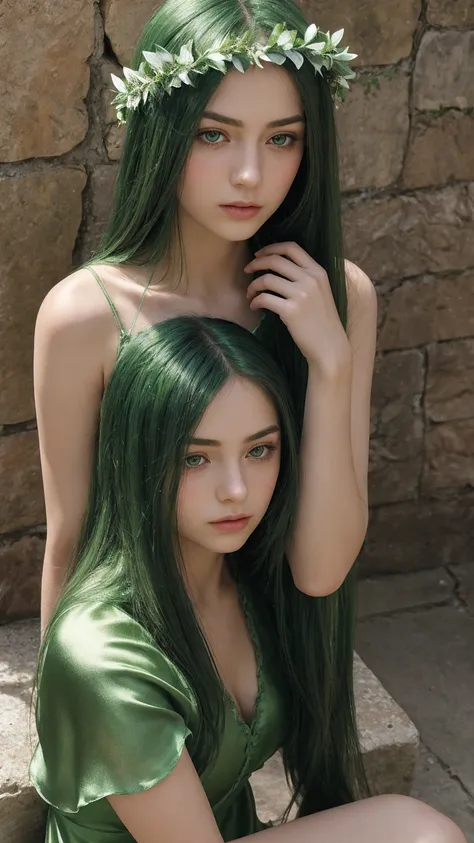 a girl.  face sent feeling.  Europe.  Oval face.  long face.  delicate facial features.  half-closed eyes.  seductively seductive.  green eyes.  long straight hair.  green hair.  wreath on head.  Sad.  shy.  green silk nightgown.  shy sitting posture.  str...