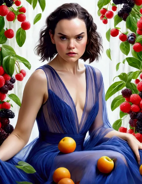 1girl (Daisy Ridley, age 25, sheer gown no underwear), trying hard to be attractive and sultry, ((blueberry,fruits)),white background, black hair,
