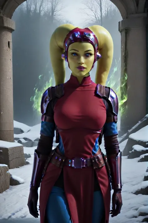 a ((fall body)) (((hera syndulla))) ((green skin )) ((female twilek ))mandalorian,walking on snow coverd ruins , ((green fire eyes )) , beautiful detailed eyes, beautiful detailed lips, extremely detailed face, long eyelashes, mandalorian armor, sci-fi, ci...