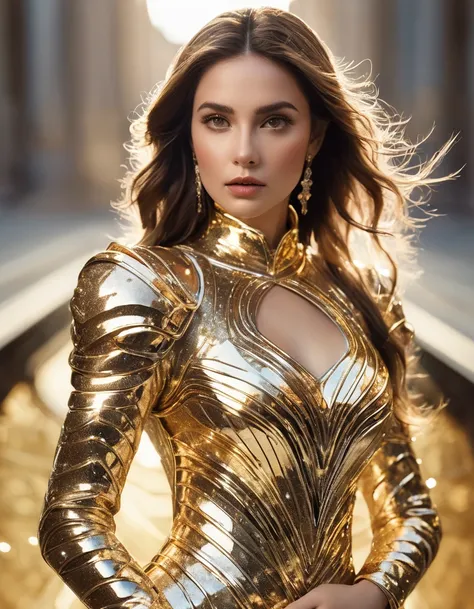 A breathtaking woman, adorned in golden sexy dress,crafted from glass and embellished with an array of tiny diamonds and crystals, each refracting light in a dazzling spectacle. The armor features intricate silver stripes running down the back, showcasing ...