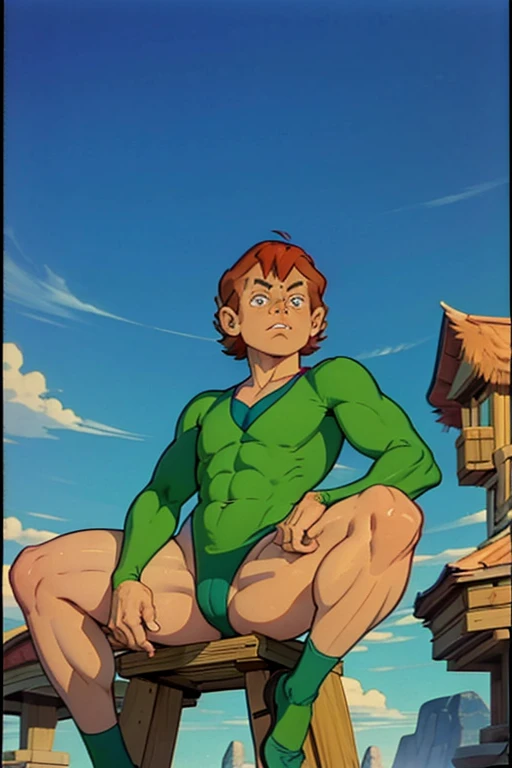 a redhead cartoon character dressed in a green leotard, very muscular, a young male wizard, 1980s cartoon, animated episode still, Presto (((mad)))