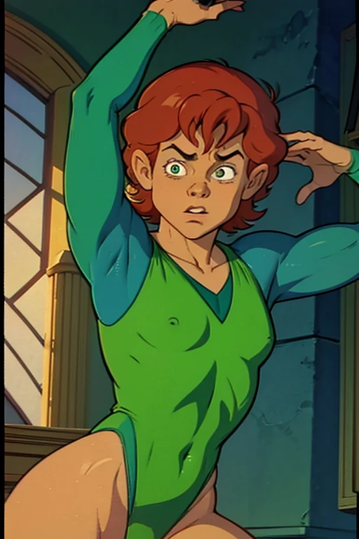 a redhead cartoon character dressed in a green leotard, very muscular, a young male wizard, 1980s cartoon, animated episode still, Presto (((mad)))