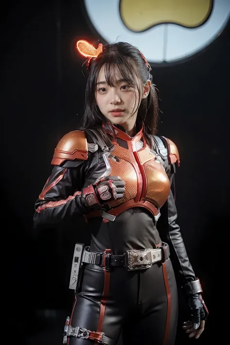 1girl, solo, 8K， Top，hentail realism、Front lighting，Kamen Rider Scarlet_Sun。Metallic body，Crimson shone with a silver glow、Wear a deformed belt、Burn with a righteous heart, She follows the minions of evil々Defeat。The fighting intensified、The last enemy appe...