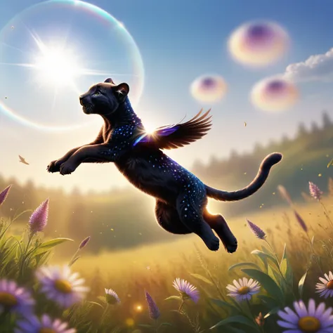 A small panther cub soaring in the air in a meadow, is flying very high in the sky, conceptual art, (side view), lens flare, best quality, super detail, highres, HD, 4k, 8k