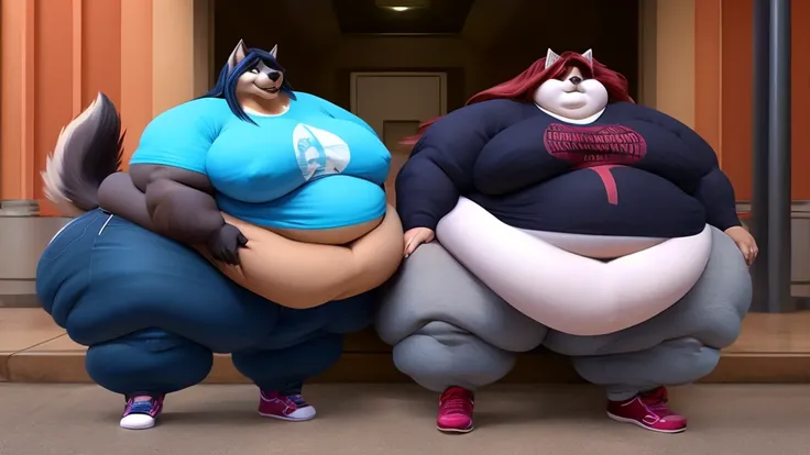 A gorgeous extremely morbidly obese female wolf , long hair , huge belly , huge breasts, huge body,huge thighs , double chin, chubby cheeks duo, pants, t-shirt , sneakers (masterpiece, best quality, 8k)