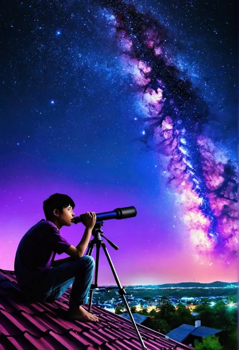 Genrate a masterpiece imagine City landscape below, above dark night sky, [purple, green, blue, pink combined coloured comite falling.] Falling stars, milky way galaxy, a 17 year old boy, black hair, blue shiny eyes, white skin, sitting on his house roof o...