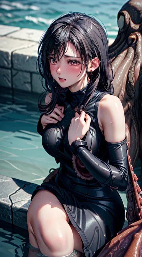 One Woman,Age 25,(()) ,((blush)), ((Upper body close-up)), (((Rubber Dress))),((Kissing Tentacles)),(())(),Wet with sweat,(Black-haired,)(Tentaculata)Drooling,((Pool,Getting in the water))