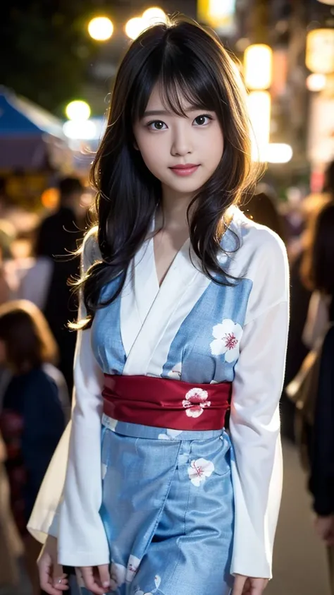 masterpiece, Highest quality，16K, Ultra-high resolution，The light and shadow of reality，((Enjoying a summer night festival wearing a long-sleeved black yukata with red floral pattern)),((The whole body is shown)),((Very skinny)),((Very slim and long beauti...