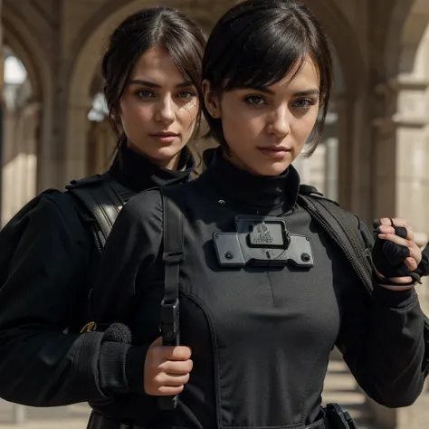 The most beautiful European military woman in the world,with a beautiful highly detailed unique structured face, a magnificent black haircut,a military outfit with a bulletproof vest, she is holding a glock 19 in her hands