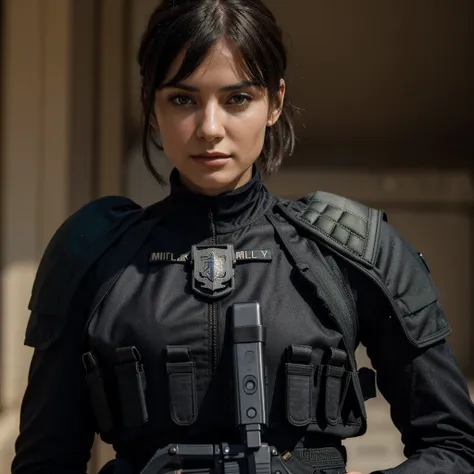 The most beautiful European military woman in the world,with a beautiful highly detailed unique structured face, a magnificent black haircut,a military outfit with a bulletproof vest, she is holding a glock 19 in her hands