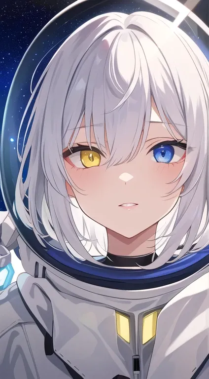 (Disheveled silver hair:1.1) (Heterochromia yellow eyes and blue eyes:1.2) (Space Helmet:1.0) (Colored stars in my eyes:1.0) (Shining Light:1.1) (Big Lips:0.9)