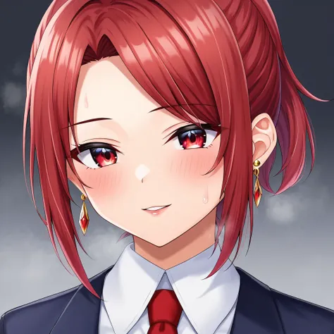 Girl beautiful and term dark green colors, red tie, with hair, small gold earring right ear, outlined black, anime, red eyes and black eyes, cold look, expression would be