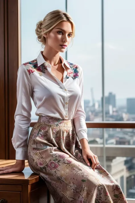 ((European fashion models)). Realistic、Genuine raw photo、Full Body Portrait、Blonde updo、(Colorful shirt with collar)、(long skirt with floral pattern:1.3)、(silk pantyhose:1.1)、High heels、Sitting pose、Large Breasts、1 girl, Modern architecture in the backgrou...