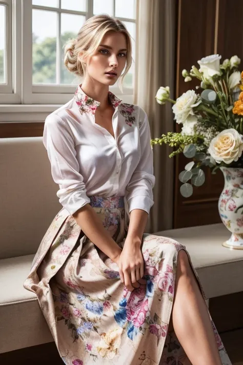 ((European fashion models)). Realistic、Genuine raw photo、Full Body Portrait、Blonde updo、(Colorful shirt with collar)、(long skirt with floral pattern:1.3)、(silk pantyhose:1.1)、High heels、Sitting pose、Large Breasts、1 girl, Modern architecture in the backgrou...