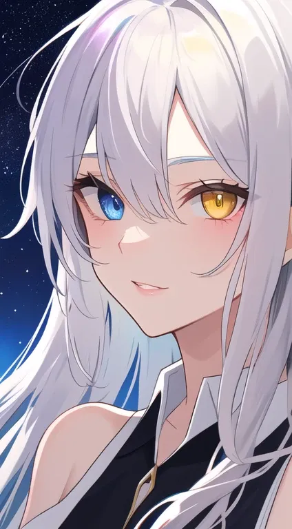 (Disheveled silver hair:1.1) (Heterochromia yellow eyes and blue eyes:1.2) (universe:1.0) (Colored stars in my eyes:1.0) (Shining Light:1.1) (Big Lips:0.9)