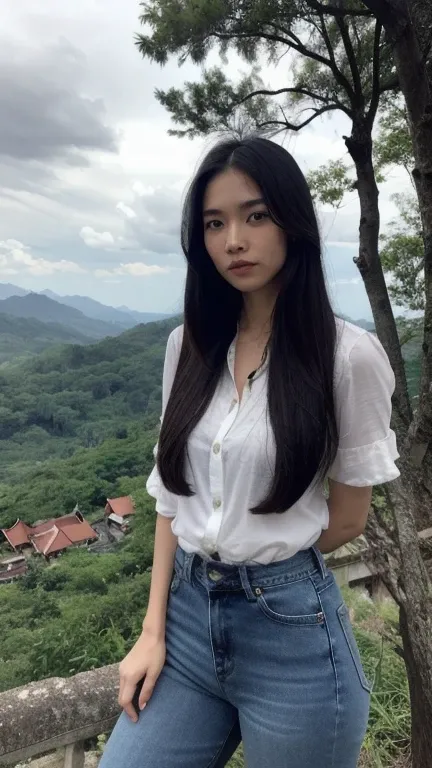 Thai Woman, look at viewer, long hair, shirt, jeans, cloud, day, sky,outdoors, post-apocalypse, ruins, scenery, tree, water,