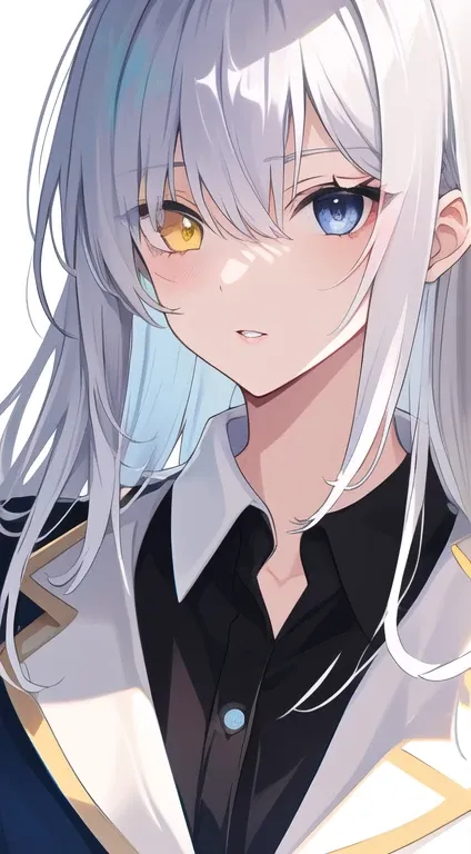 (disheveled silver hair:1.1) (heterochromia yellow eyes and blue eyes:1.2) (colored stars in my eyes:1.0) (shining light:1.1) (b...