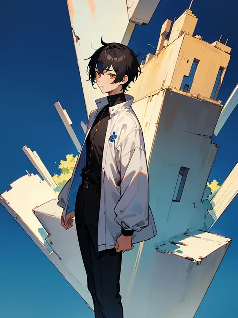 an anime character with short hair and brown eyes standing next to a building, 1boy, male focus, solo, black hair, blue background, multicolored hair, heterochromia