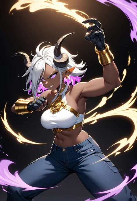 Dark-skinned chubby woman, black dragon horns on head, short Android 21 silver hair, violet eyes, long pointy ears, black scales on arms, gold jewelry, calm and cool attitude, small smirk, white cropped halter top, dark blue jeans, dynamic fighting stance,...