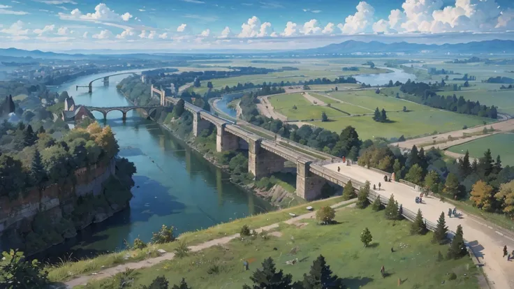 A medieval fantasy road along the river, where horse-drawn carriages and travelers come and go, a vast large forest spreads out on the other side of the river, grasslands spread out on the opposite bank, and mountains can be seen in the distance.
