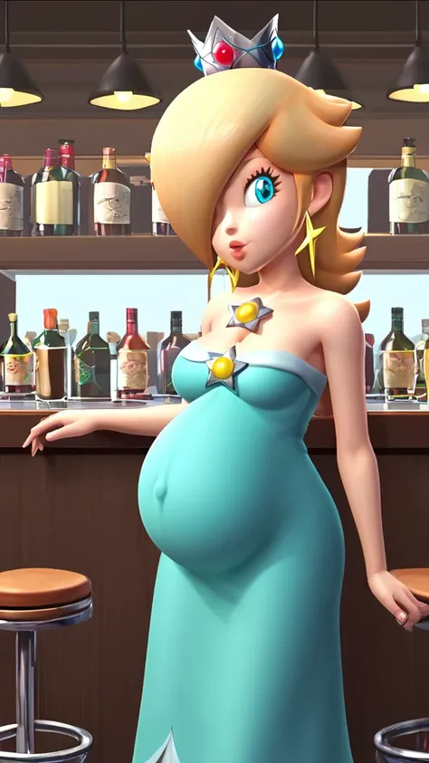 score_9, score_8_up, 1girl, solo, rosalina, style parody, thick outlines, blue dress, sleeveless, strapless, cleavage, indoors, bar, pregnant belly