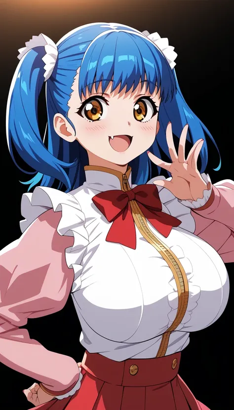 (tuile(gravion),huge breasts,blue hair,yerrow eyes,twintail,two side up),(tuck out,white shirt,red waist ribbon,gold zipper,whit...