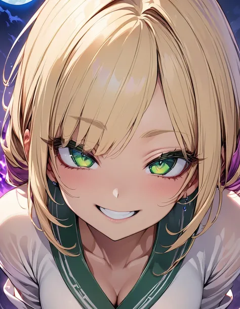 Super detailed, High resolution, High resolution, Absurd, masterpiece, Satoru Gojo, Blonde, expressive green eyes, JUJUTSU KAİSEN, Sexy Woman, alone,  Purple aura, Cute smile, Highest quality, blue Moon, 8k, put on a sharp smile, Causes serious fear in ene...