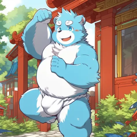 (by zixiong:1.1),(by takemoto arashi),(kemono:1.2),furry,shiquanhao,blue bear,1boy,blue fur,animal ears,blue eyes,bear ears,blue hair,fat,bear boy,(masterpiece),(very detailed),(best quality),alone,(detailed background:1.2),(smile:1.1),(detailed eye:1.2),t...