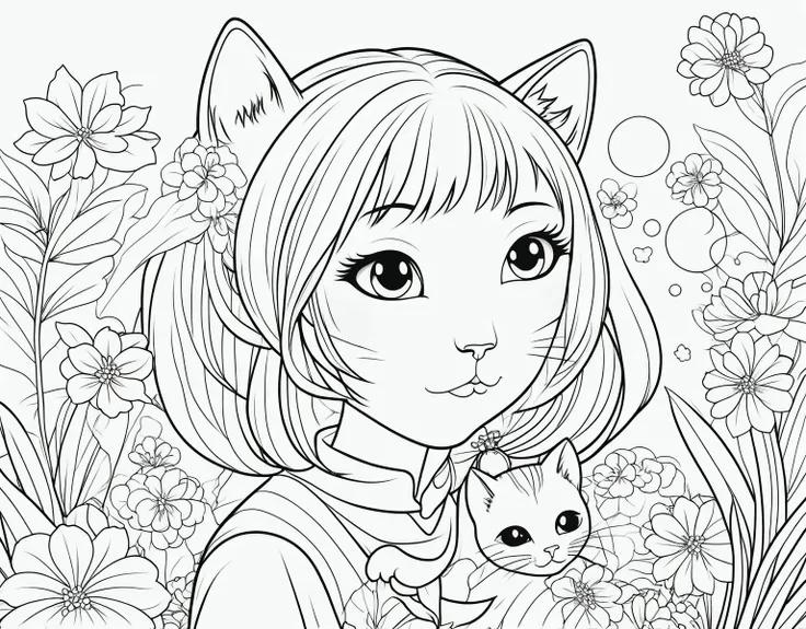 ,simple background, Japanese girl , kawaii, vibrant colors, A printable black and white coloring page featuring cats, clean line art, The line is quite simplified.