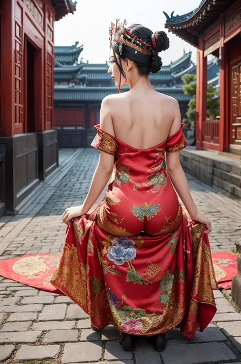 The Empress seen from directly behind, facing forward. On a cobblestone street outside a Qing Dynasty Chinese palace, the 39-year-old Empress is wearing a gaudy red floral Manchu empress dress. Her large buttocks are completely naked and hanging high and e...