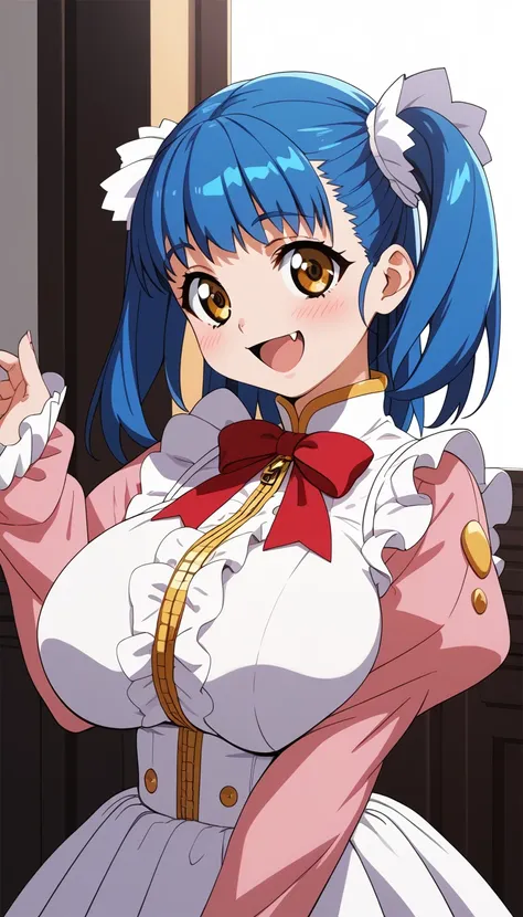 (tuile(gravion),huge breasts,blue hair,yerrow eyes,twintail,two side up),(tuck out shirt,white shirt,red waist ribbon,gold zippe...