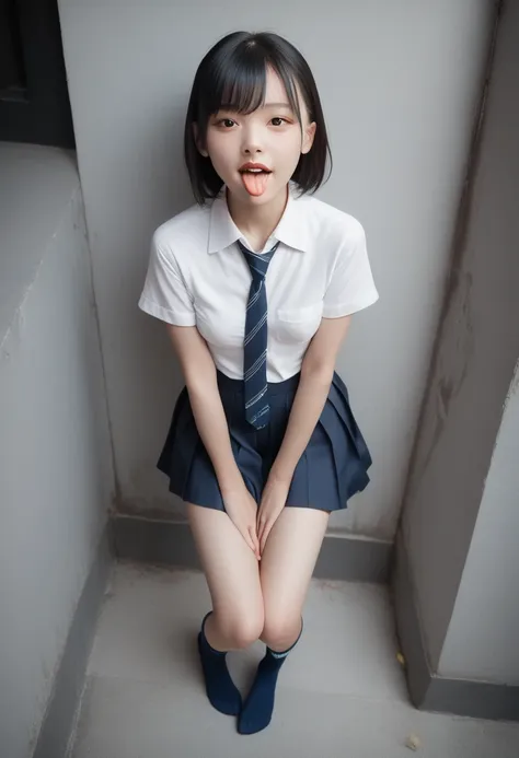 ,collared shirt,short sleeve,pleated skirt,tie,navy blue socks,(open mouth:1.5),(tongue out:2),dim,alley,stand,hands between leg...