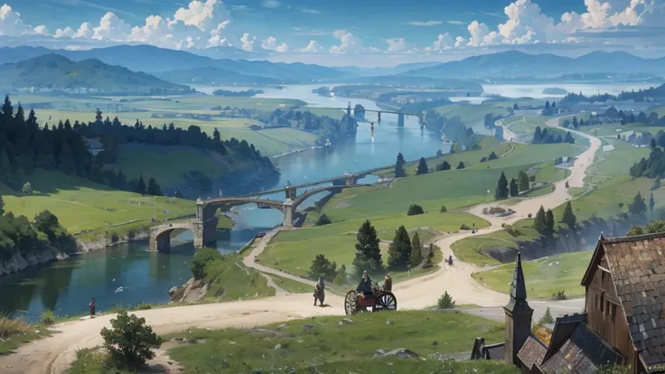 A medieval fantasy road along the river, where horse-drawn carriages and travelers come and go, a vast large forest spreads out on the other side of the river, grasslands spread out on the opposite bank, and mountains can be seen in the distance.
