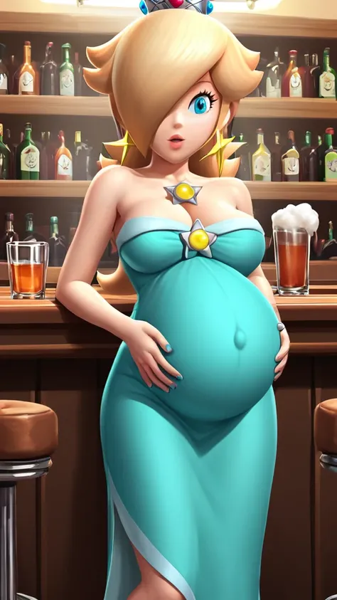 score_9, score_8_up, 1girl, solo, rosalina, style parody, thick outlines, blue dress, sleeveless, strapless, cleavage, indoors, bar, pregnant belly