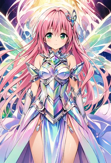 A girl named Lara Satalin Deviluke with long pink hair and green eyes, wearing a hair ornament with iridescent colors. She is dressed in ornate, iridescent armor and standing in a mystical battlefield with ethereal creatures and magical elements around. Th...