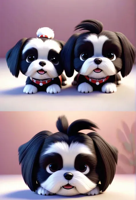 2 adorable small black Shih Tzu puppies wearing white collars playing 3D Pixar style