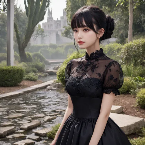 Outdoor、One woman、Elegant dress, black hair, parted bangs, half updo, Surrealism, UHD, retina, masterpiece, accurate, super detail, high quality, high details, 16k, highres