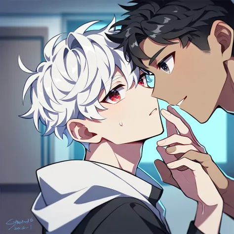 2 young men, focus man , Yaoi, pair, (human , short hair, black hair, light black eyes , tan skin), (human, white hair , red eyes ,bright white skin ) , The best aesthetics , best quality, Amazing quality, The best aesthetics ,The backdrop is the living ro...