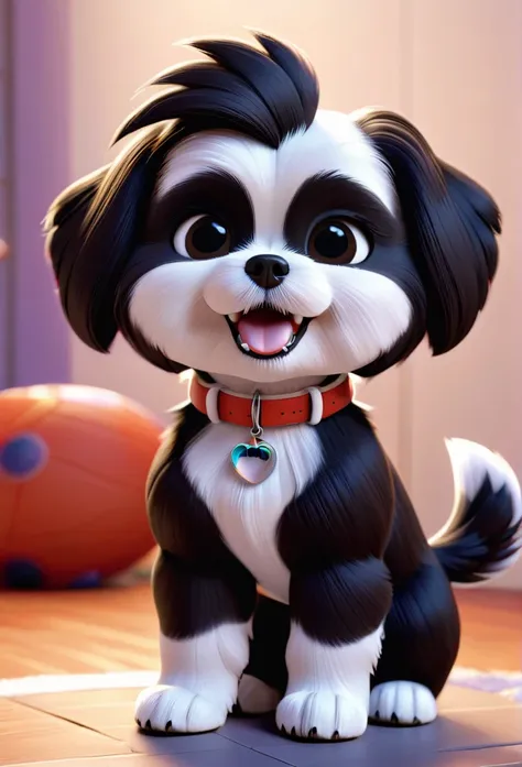 2 adorable small black shih tzu puppies wearing white collars playing 3d pixar style