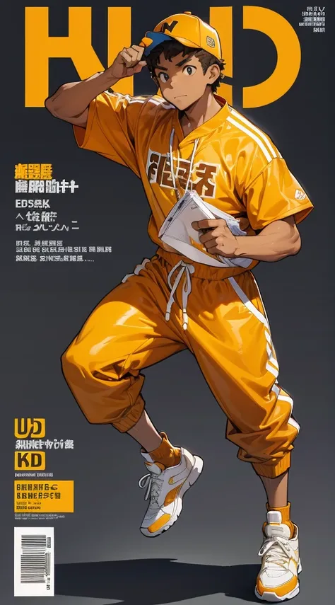 A character based on a light brown chicken, whole body, Wearing big sneakers, Simple Background, Magazine Cover, サイバーパンク, raised fist, projected inset, UHD, best quality, highres, 8k