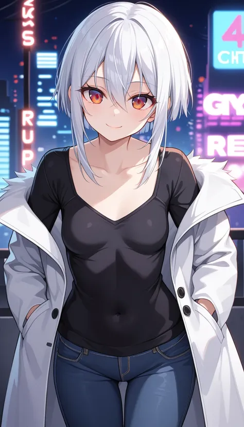 1girl, 15 years old, slim, small breasts, white hair, hairs between eyes, shoulder length hair, pale skin, bright red eye, white duffle coat and long-sleeve black sweater, open jacket, jeans, gold pocket watches hanging from the neck, BREAK kawaii, smile, ...