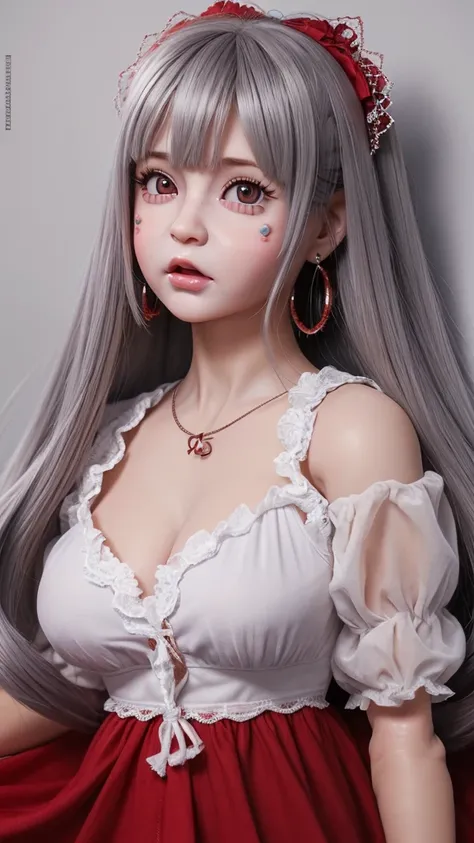 (Realistic painting style:0.9), masterpiece, Highest quality,  Absurd, View your viewers, alone, (グレーbaby doll:1.5),  Bronya Zajczyk, Red pupils, Large Breasts, Long Hair, Grey Hair, bangs, Grey Eyes, Earrings, Drill Hair, Hair between the eyes, hair ornam...