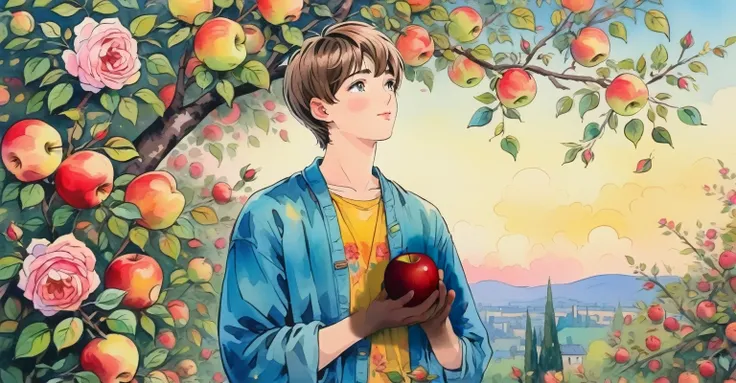 A young man holding an apple in both hands，Surrounding apple trees，A lot of apples