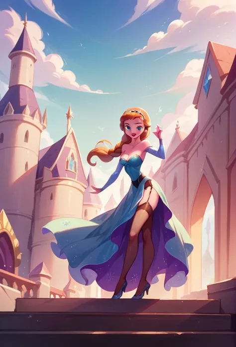 Princess Anna (Frozen) , big , garter belt, deep cleavage, wearing a gown, standing on a castle hall, Disney 