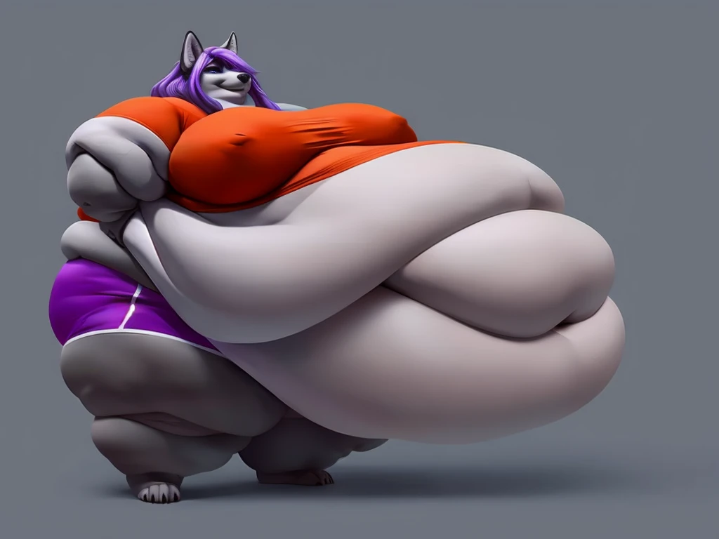 Grey wolf, female, long purple hair, huge breasts, huge hips, huge, huge belly, belly rolls, fat rolls,fat arms, fat legs, belly overhang, double chin, chubby cheeks, t-shirt, shorts, gorgeous, beautiful, eyelashes, voluptuous, plump, morbidly obese, solo,...