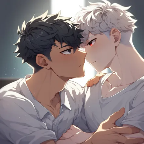 2 young men, focus man , Yaoi, pair, (human , short hair, black hair, light black eyes , tan skin), (human, white hair , red eyes ,bright white skin ) , The best aesthetics , best quality, Amazing quality, The best aesthetics ,The backdrop is the living ro...