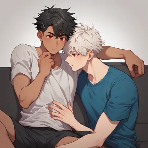 2 young men, focus man , yaoi, pair, (human , short hair, black hair, light black eyes , tan skin), (human, white hair , red eye...