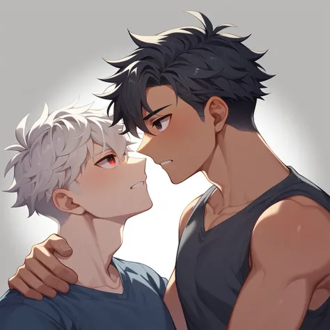 2 young men, focus man , Yaoi, pair, (human , short hair, black hair, light black eyes , tan skin), (human, white hair , red eyes ,bright white skin ) , The best aesthetics , best quality, Amazing quality, The best aesthetics ,The backdrop is the living ro...