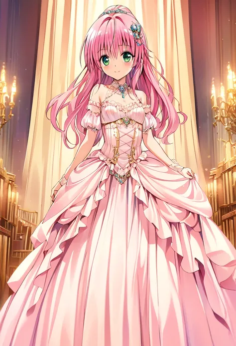 A girl named Lara Satalin Deviluke with long pink hair and green eyes, wearing a hair ornament with iridescent colors. She is dressed in an elegant Victorian gown, standing in a grand ballroom with chandeliers and ornate decorations. The image is in the st...